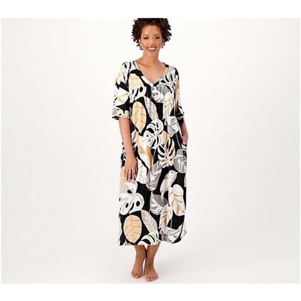 Breezies Lounge Blissful Breeze Short Sleeve Caftan Black Palm,Small